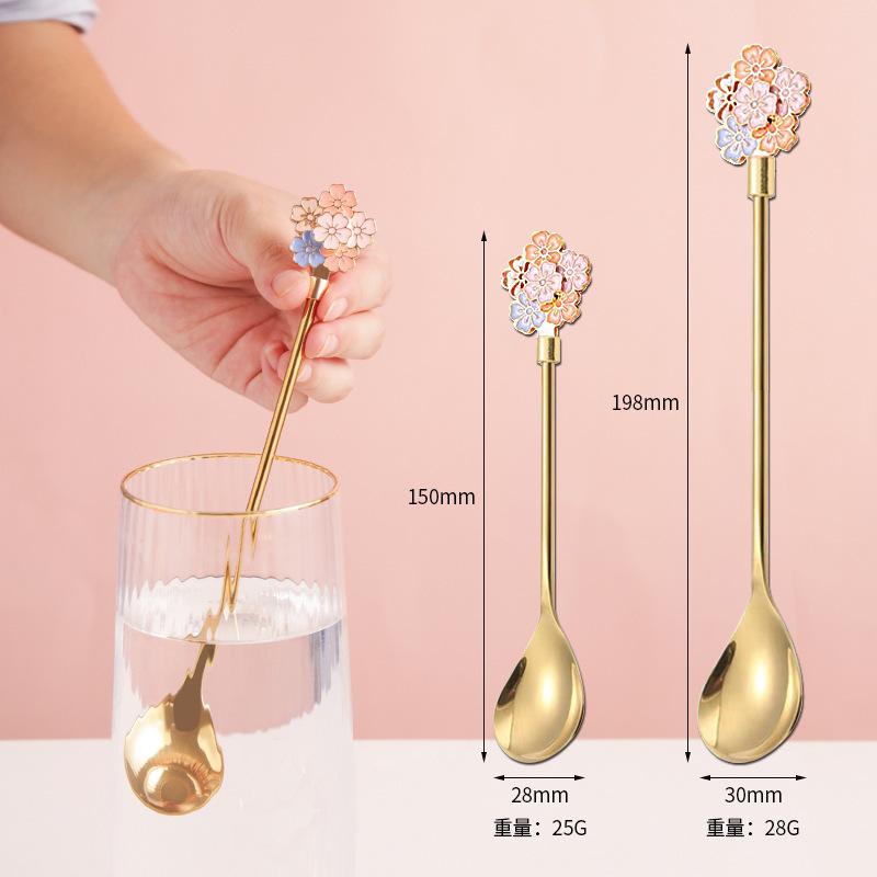 Sakura Cherry Blossom Spoon 304 Stainless Steel Long Handle Coffee Dessert Drink Stirring Spoon Cute Scoop for Milk Tea