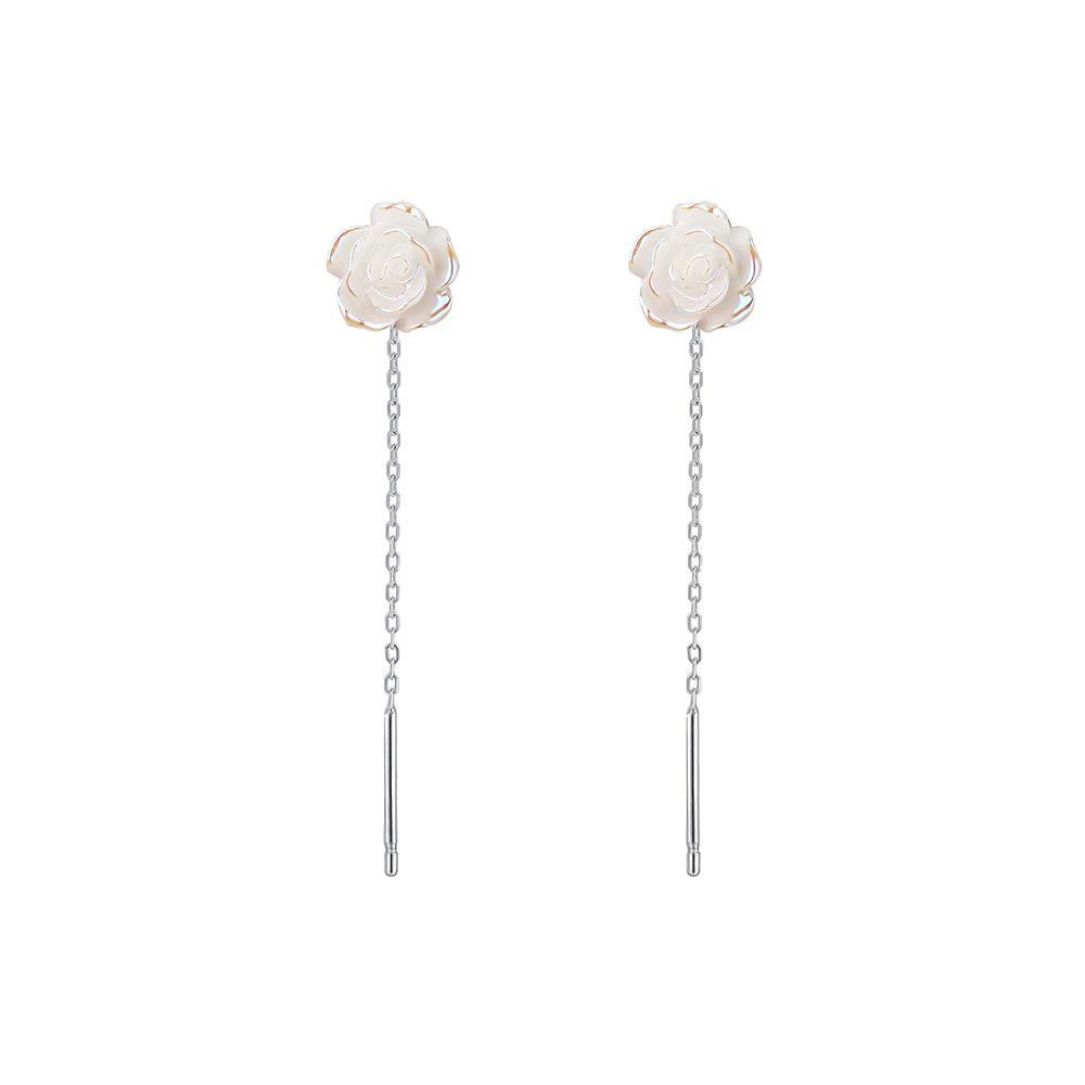 925 Sterling Silver Camellia Ear Line Resin Flower Tassel Delicate Earrings for Women