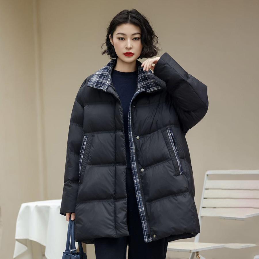 Autumn and winter new fashion stand-up collar plaid splicing medium and long down jacket women's turn-sleeved warm jacket tide