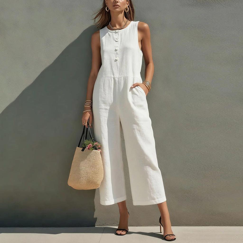 Modischer Damen-Jumpsuit mit Rundhalsausschnitt, Knöpfen, ärmellos, Tasche, lässig, Retro, weites Bein, Sieben-Viertel-Länge