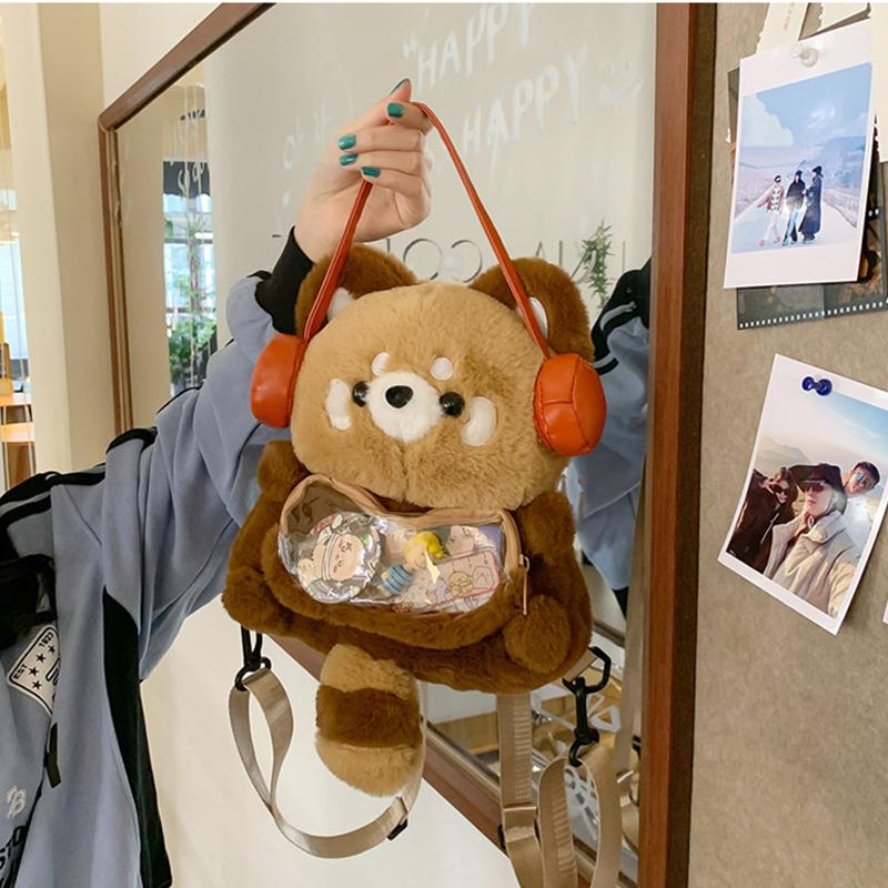 Cute Plush Red Panda Backpack Large Capacity Soft Fashion Shoulder Bag Kawaii Fluffy Wear Headphones Animal Bag Woman Girl Gift