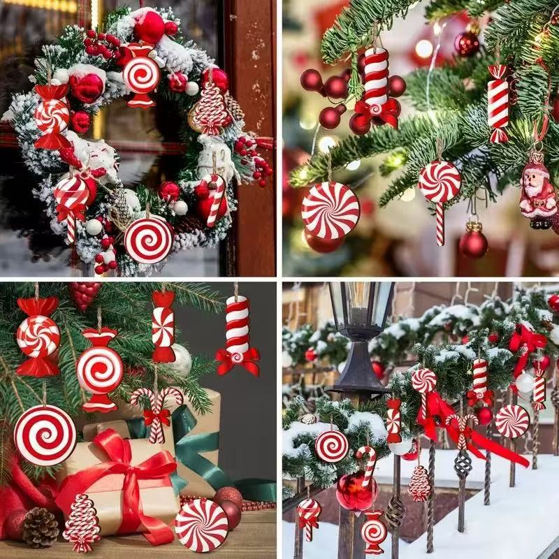 2D Flat,12/24pcs Wood Peppermint Candy Cane Ornaments with Jute Rope - Red White Swirl Suitable for Christmas Tree Decorations