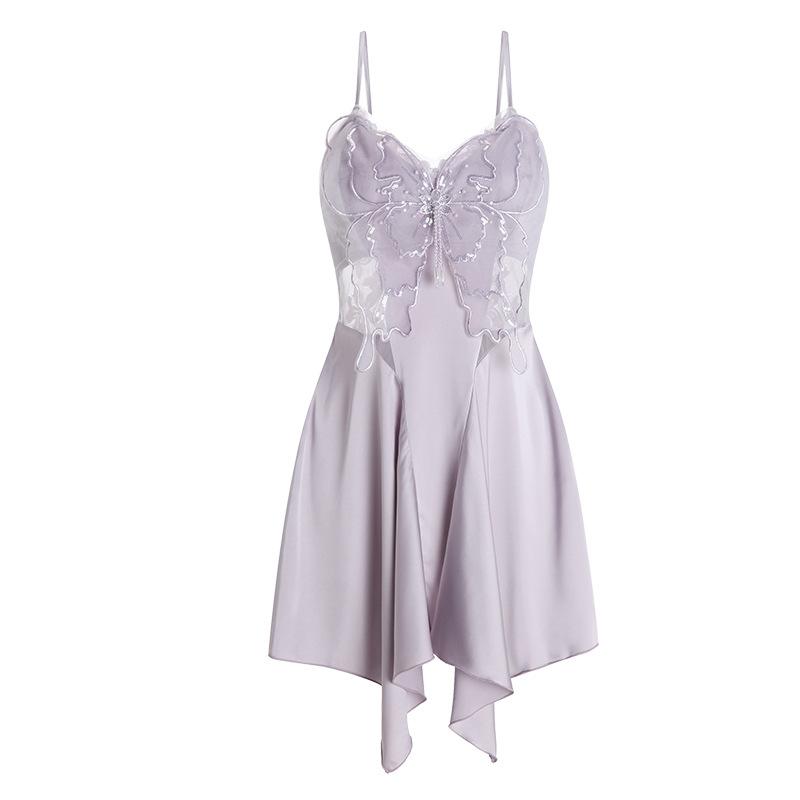Women's Plus Size Sheer Mesh Butterfly Removable Pads Low Cut Backless Sleep Dress Set