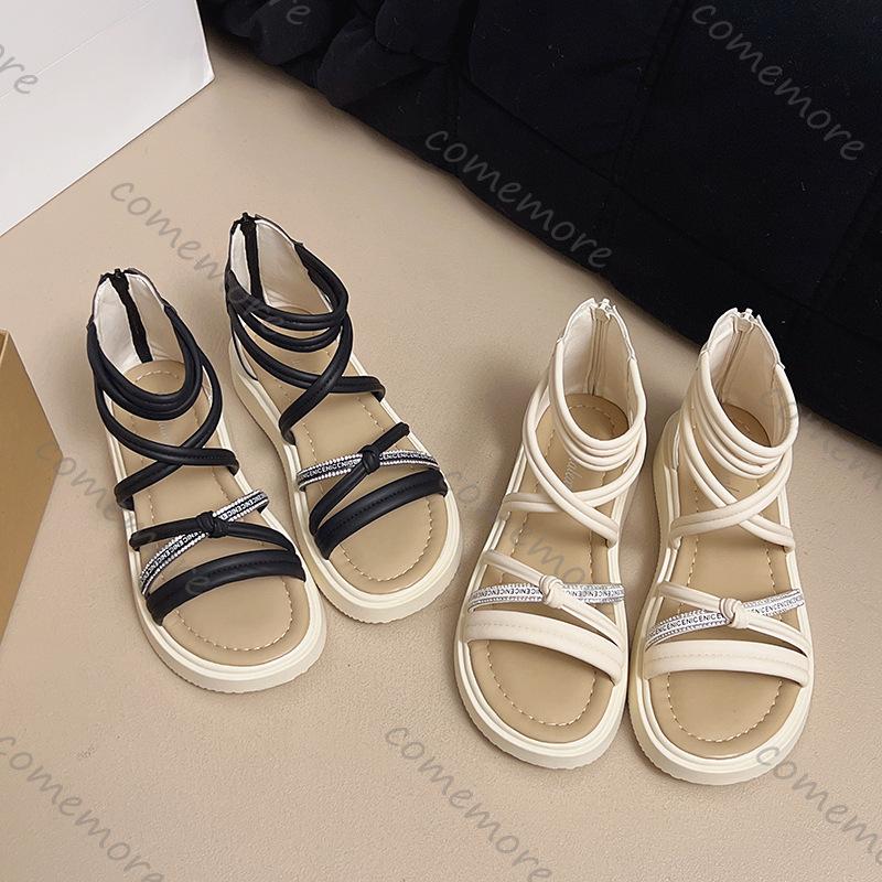 Fashion Comemore Summer New Fashion Rhinestone Flat Bottom Sandals Roman Style Cove Heel Outdoor Sandales Casual Cross Strap Women Shoes