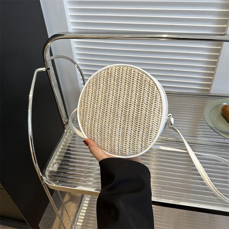 Chic Woven Round Crossbody Bag For Women In Creamy White And Khaki Stylish Casual Design