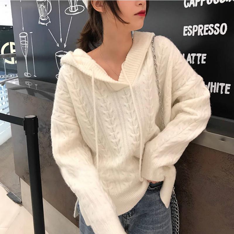 Pofulove осень зима однотонный свободный корейский свитер с капюшоном и V-образным вырезом женская базовая рубашка XL белый 2559₽