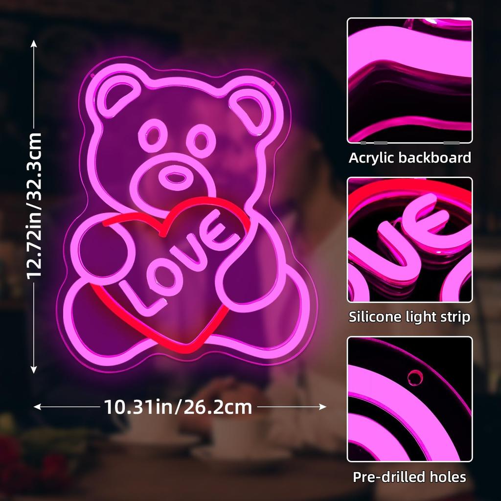 Valentines Day Neon Sign Valentines Teddy Bear Neon Signs for Wall Decor Dimmable Valentines Led Sign Bear Neon Lights for Bedroom Wedding