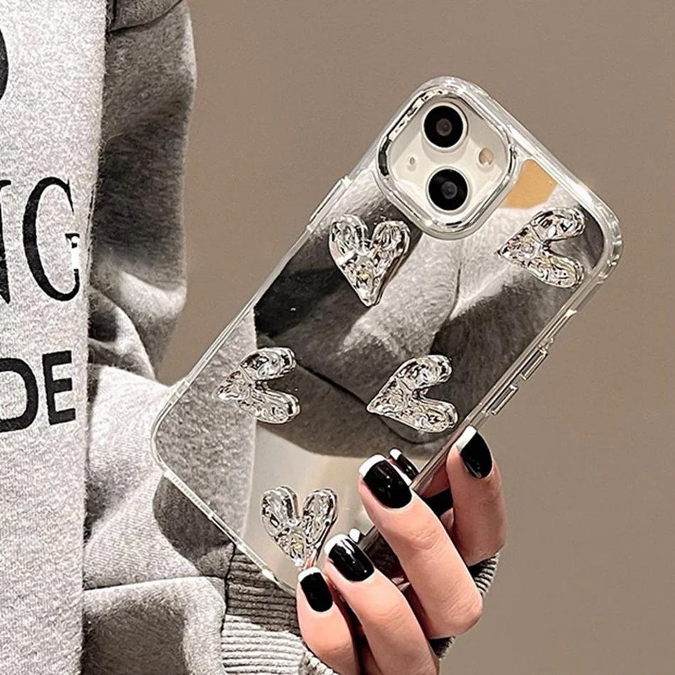Shining Mirror 3D Heart Case for iPhone 11 12 13 14 15 Pro Max 7 8 Plus SE  15Pro X XR XS MAX Hard Shockproof Phone Cover