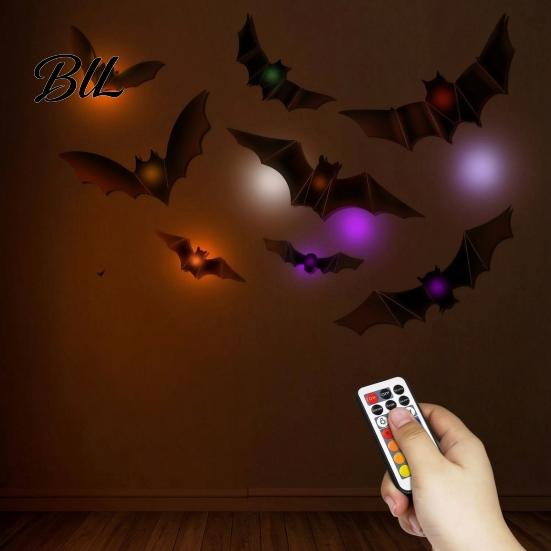 Feiertags-Szenenbeleuchtung Dekor 48 Stück Halloween-Fledermäuse Wanddekor, LED-leuchtende Fledermäuse, 12 Lichter mit Fernbedienung, Nachtleuchtende Atmosphäre 6 Größen 3D