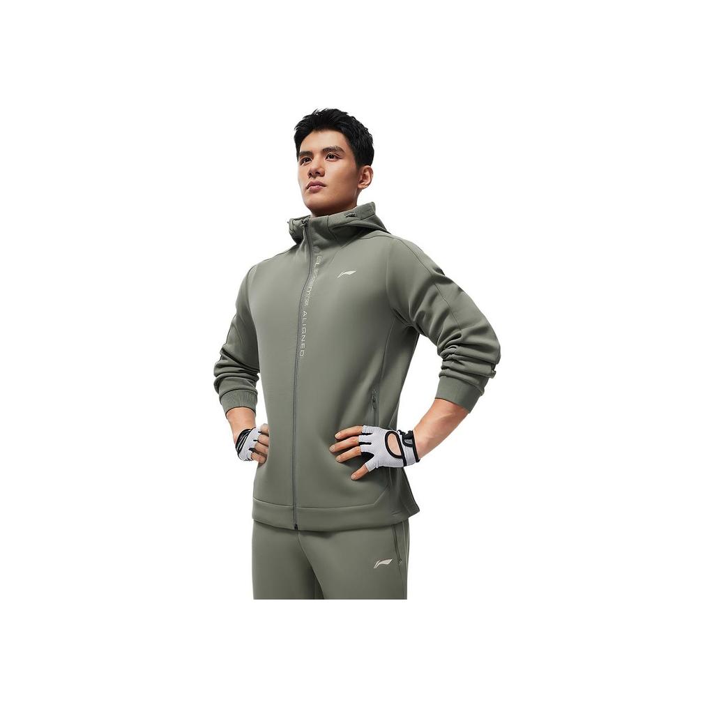 Li Ning Fitness Serie Briefopdruk Eenvoudig Buiten Hardlopen Hoge Stretch Met Capuchon Vest Sweatshirt Heren Sweatshirt Schroef-Groen AWDU067-4