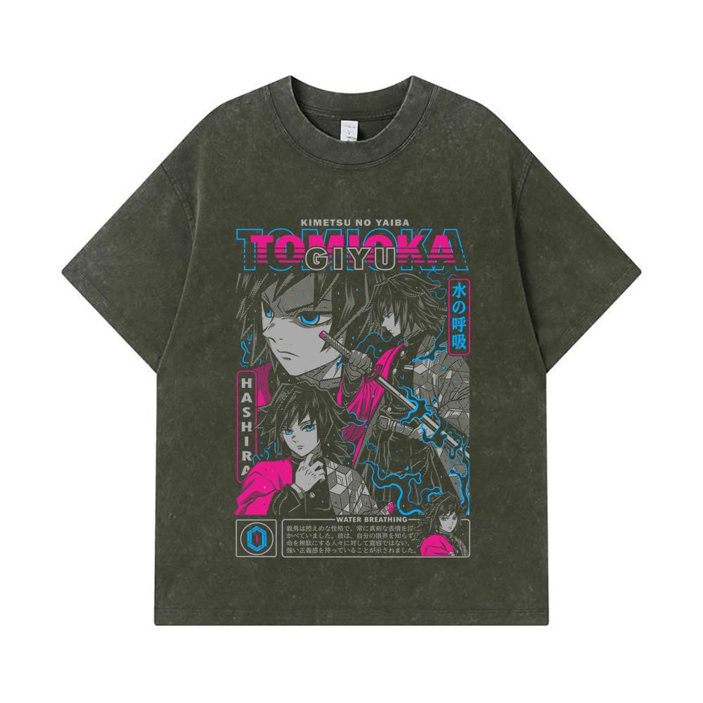

275 GSM Washed T-shirts 100% Cotton Demon Slayer V10 Tomioka Print Unisex Heavy Cotton T Shirt S армия зеленый