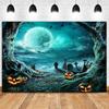 Halloween Party Backdrop Horror Night Full Moon Cemetery Pumpkin Lantern Photography Backdrop Kids Adult Family Party Ba