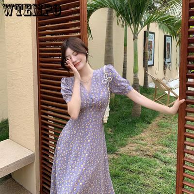 Vintage Floral Women's Dress French Bubble Sleeve Niche Design V-neck Hepburn Style Long Skirt Printed Splicing A-line Dresses