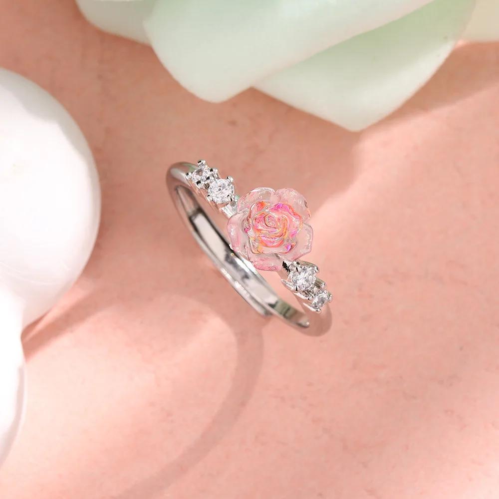 PONYKISS 925 Silver Pink Zircon Rose Flower Adjustable Rings for Women Cute Plant Fine Jewelry Minimalist Accessories