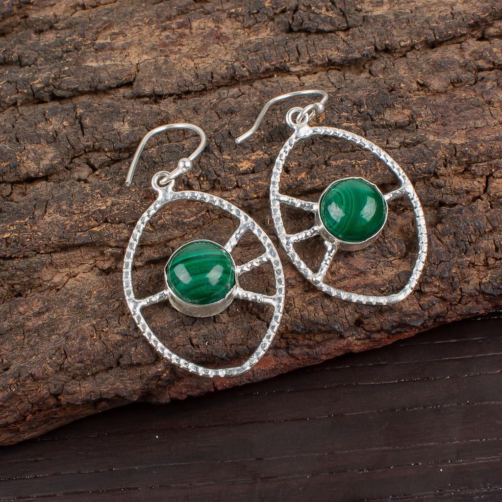 Natural Malachite Gemstone 925 Sterling Silver Jewelry Handmade Earrings 2.00" EE-52-27