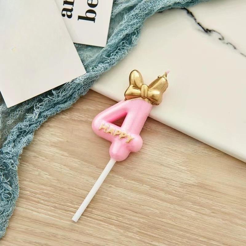 1pc Pink Numbered Birthday Candles Golden Bow Cake Decoration for Children boys Girls Teenage Birthday Baking Decoration Plugins