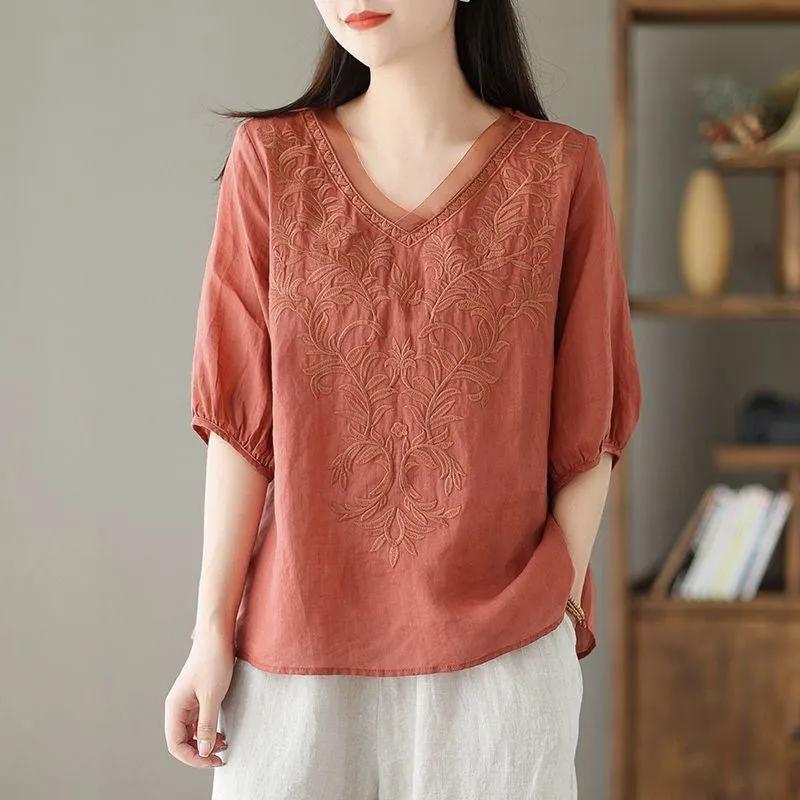 Summer Women's Literary Vintage Embroidery Cotton Linen Shirt Ladies Half Sleeve Loose Casual Blouse Women's Clothing Tops