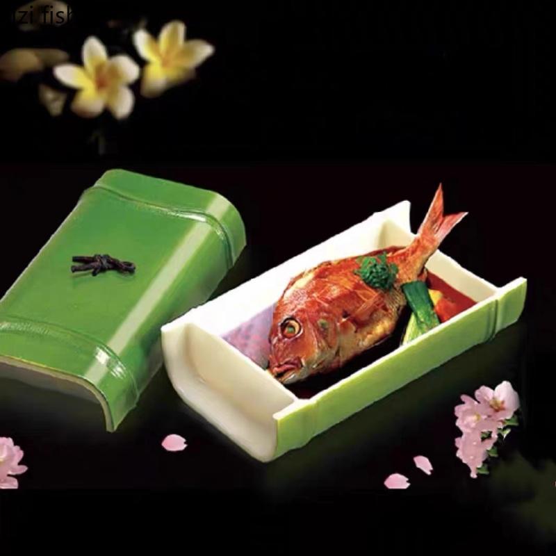 Plastic Imitation Bamboo Dining Plate Bamboo Tube Plate with Lid Green Dessert Plates Dim Sum Dish Serving Plates Fruit Bowl