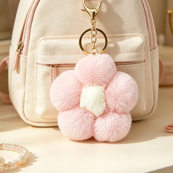Lightweight Bag Decor Plush Flower Keychain for Handbags, Five-petal Charm, Metal Key Chain Fluffy Backpack Hanging Accessory Women