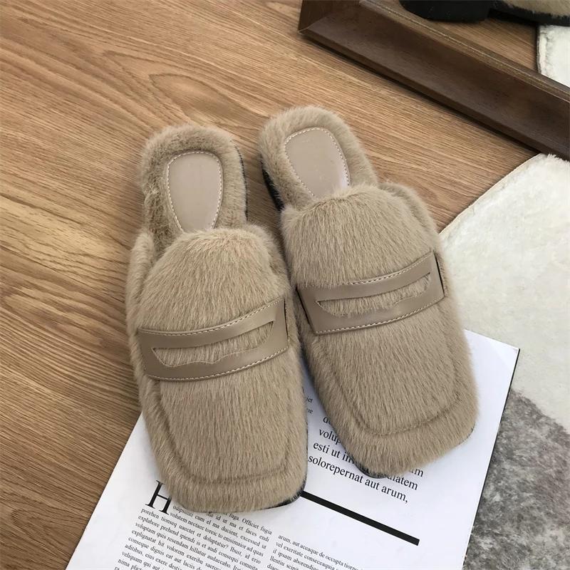 Fashion Women's New Korean Version of Fluffy Slippers with Soft and Fluffy Toe Cover, Fashionable and Warm Half Slippers for Lazy People
