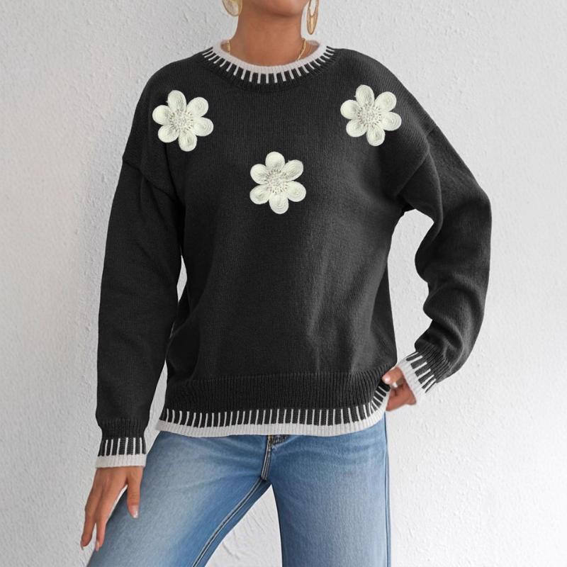 ContrastSplicing Casual Pullover Loose Sweater Three-dimensional Flower Embroidery Beading Women's Top