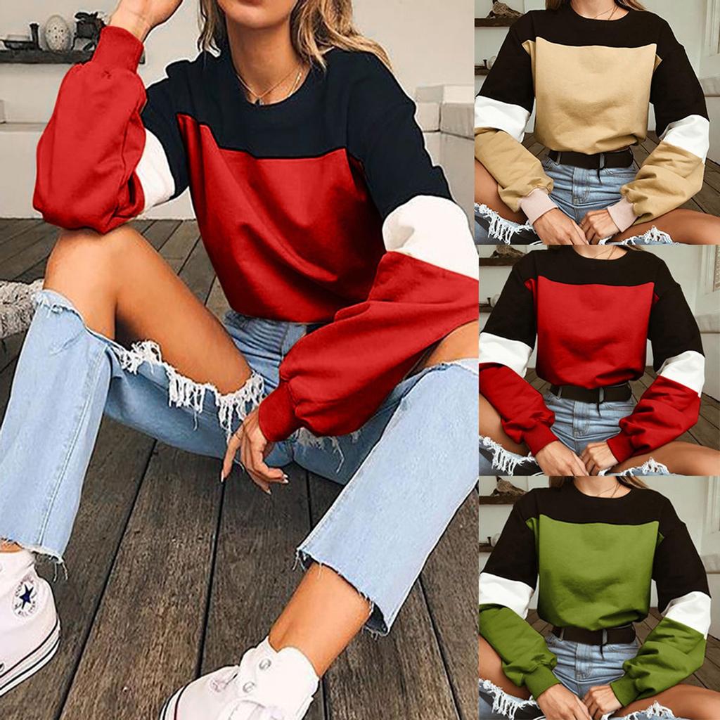 Womens Long Sleeve Splcing Color Sweatshirt Pullover Tops Blouse