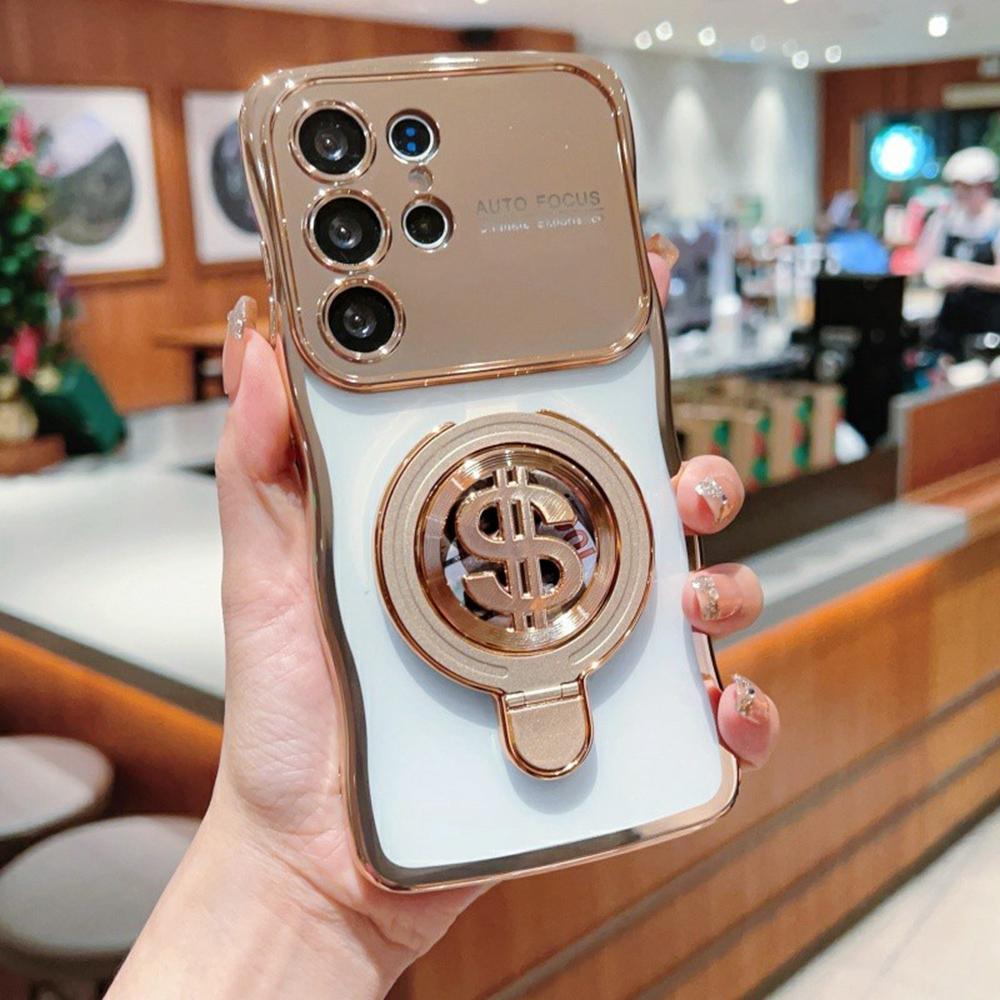 

For Samsung Galaxy S25 Ultra Case TPU Clear Case Dollar Pattern Kickstand Phone Cover Wave Frame Gold
