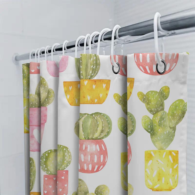Colorful Cactus Shower Curtain Watercolor Houseplants Decor For Bathroom Pink, Green Yellow Floral Design New