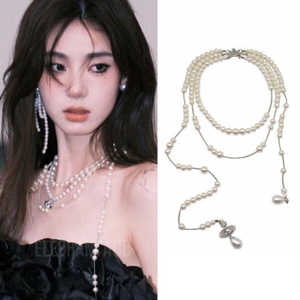 Fashion Jewelry Pearl Sweater Chain Asymmetric Pearl Choker Multi-Layer Necklace  French Style