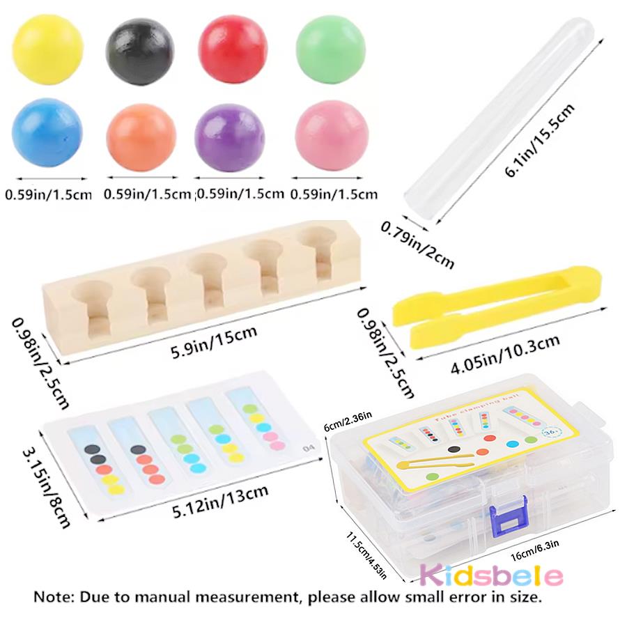 Tube Clamping Ball Toy for Kids Color Sorting & Fine Motor Skills Montessori Style  Wooden Educational Toy with Cards 3-8 Years
