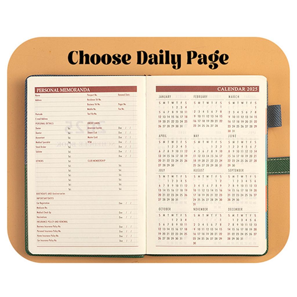 Kalendár 2025, 365-dňový plánovač, Manuál efektivity času, Kalendárový zápisník s popruhmi