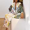 Women's Loose Fit Two Piece Matching Set Long Sleeve Collar Shirt Elastic Waist Wide Leg Pants
