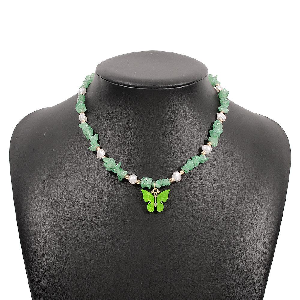 Internet Celebrity Choker For Women Retro Contrast Color Clavicle Jewelry Imitation Pearl Butterfly Beaded Necklace Jewelry зелёный