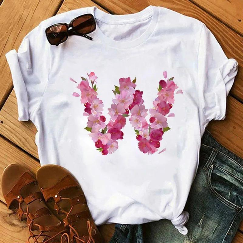 26 Letters Print T-Shirt Alphabet with Pink Flower Harajuku White Graphic Tee Casual Short Sleeve Lady Y2k Tops Women's Clothing