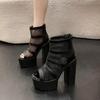 Fashion Shoes 2025 Sandals Block Heels All-Match Suit Female Beige Lace Denim Women's Open Toe New Boot Chunky Black High Summer Peep