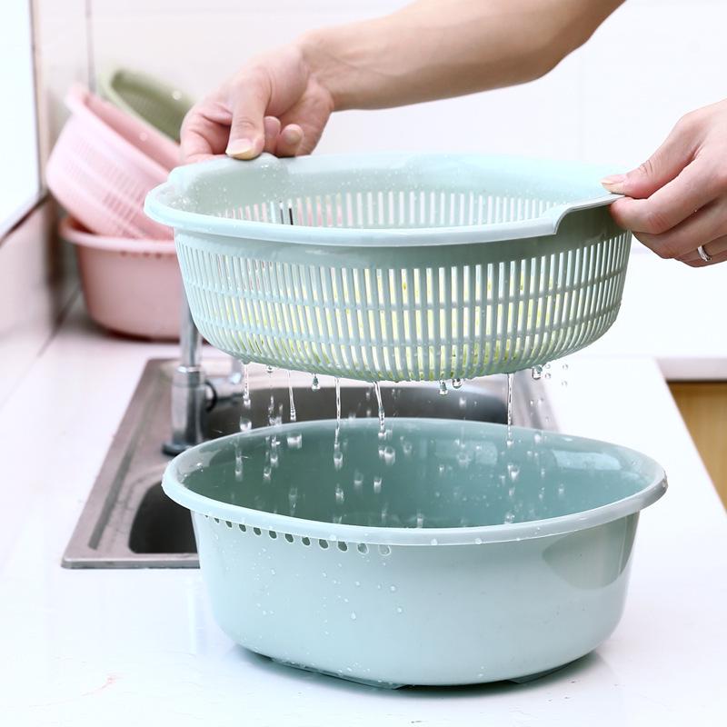 Large Double-Layer Vegetable & Rice Washing Basket Set - Multi-Use Kitchen Drainer