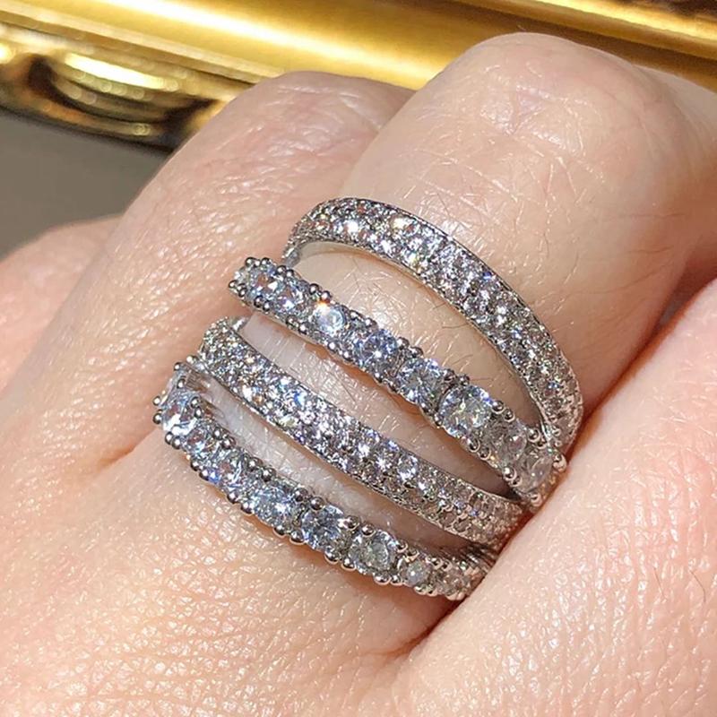 Huitan Sparkling Female Rings Multi-layers Cubic Zirconia Luxury Wedding Band Accessories Fashionable Party Jewelry for Women