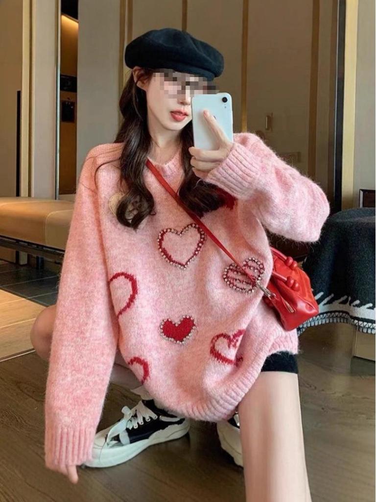 2025 Autumn/Winter Rhinestone Heart Pullover - Korean Style Loose Casual Sweater