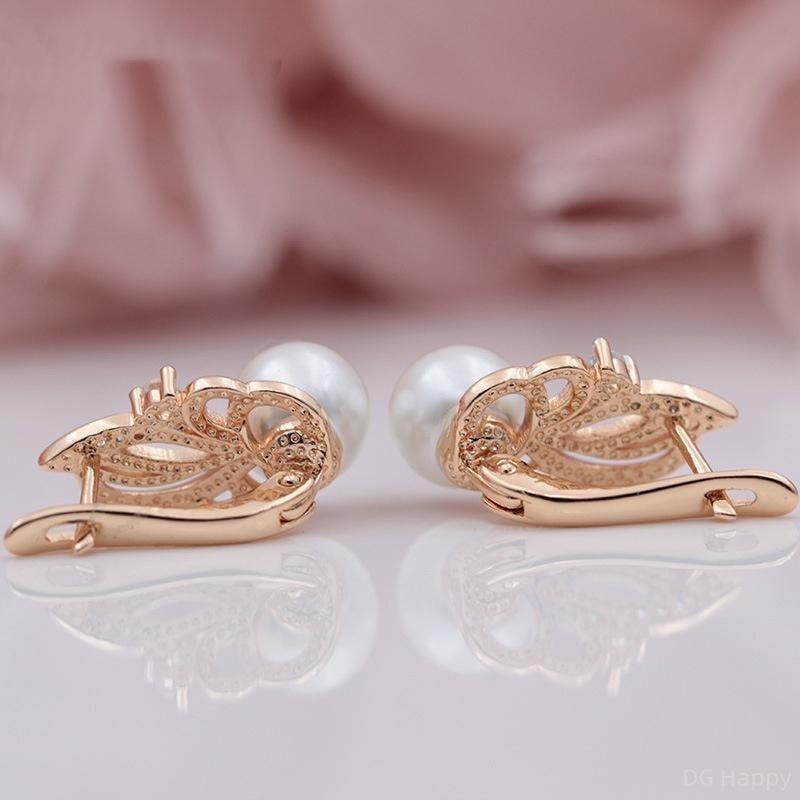Rose Gold Color Imitation Pearl Earrings for Women Hollow Flower Drop Earrings Unique Design Elegant Delicate Bridal Wedding Jewelry