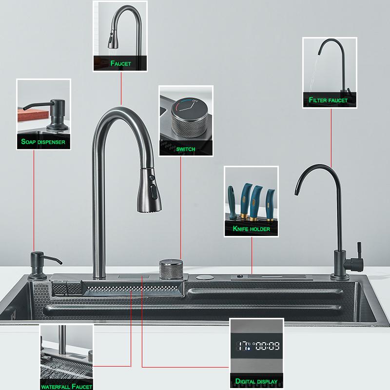 304 High 1uality Intelligent Digital Display  Waterfall Kitchen Sink Large Single Slot Integrated Digital Display Faucet Set
