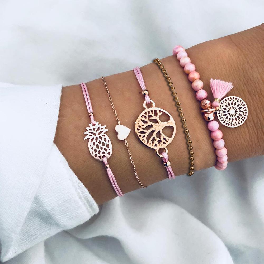 

Браслет корейской версии с ананасом, подвеска с бахромой Love, аксессуары, набор браслетов из пяти частей «Древо жизни» розовый