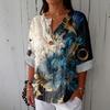 Women's Fashionable Casual V-neck Button Seven Quarter Sleeve Printed Cotton And Linen Top