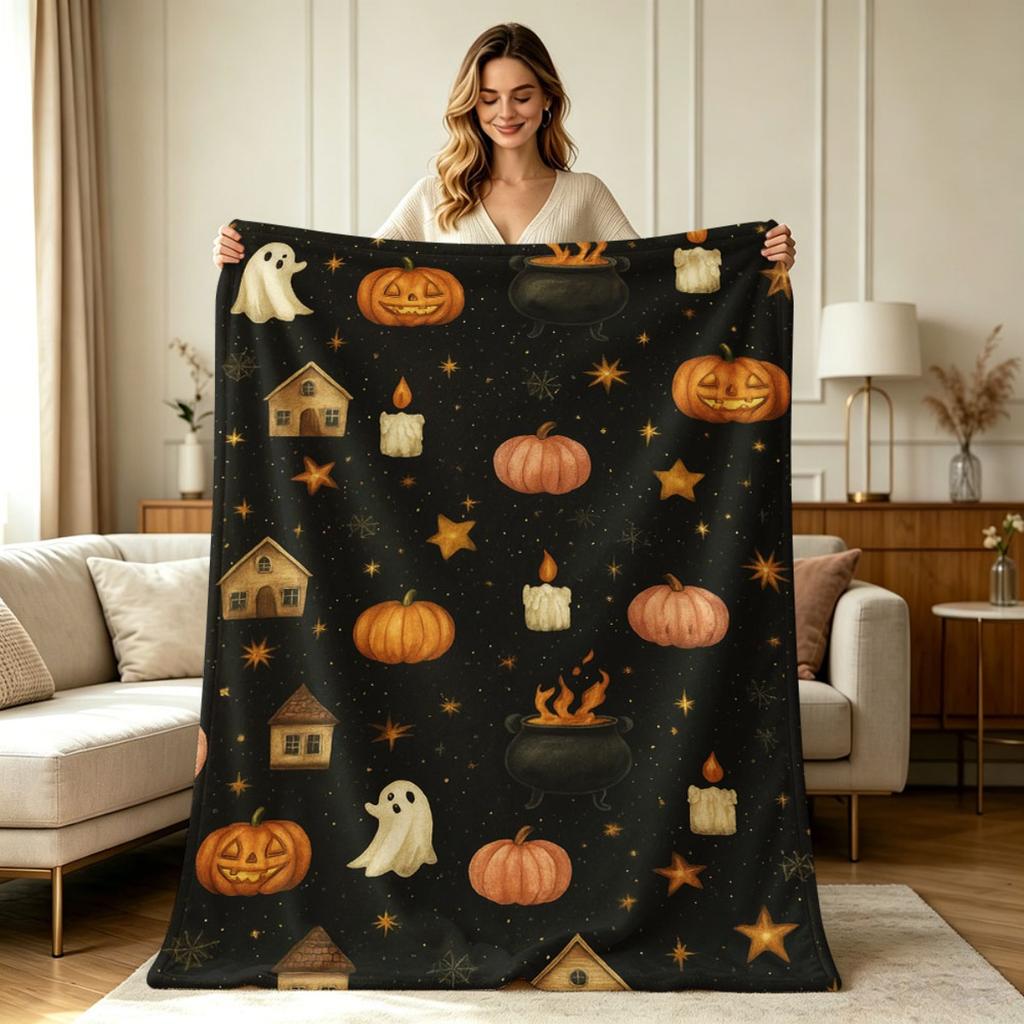 Soft Warm Flannel Halloween Printed Blanket Suitable for Sofa Couch Bed Office Living Room All Season Use with Spooky Pumpkin Candle Cauldron And Hous