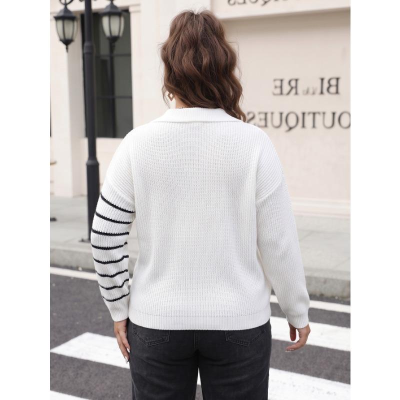 Women Plus Size Color Block Striped Polo Neck Long Sleeve Loose Pullover Knit Sweater