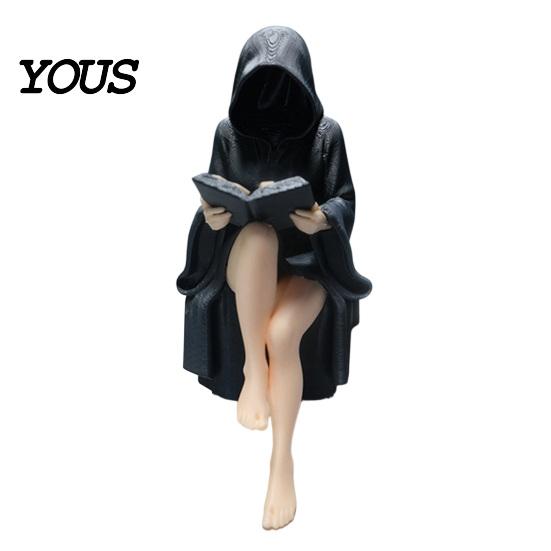 Durable Halloween Ornament Black Robe Girl Ornament, Dark Style, with Balanced Mystery Decoration Base Sitting Figurine, PLA Detailed Texture Non-fall