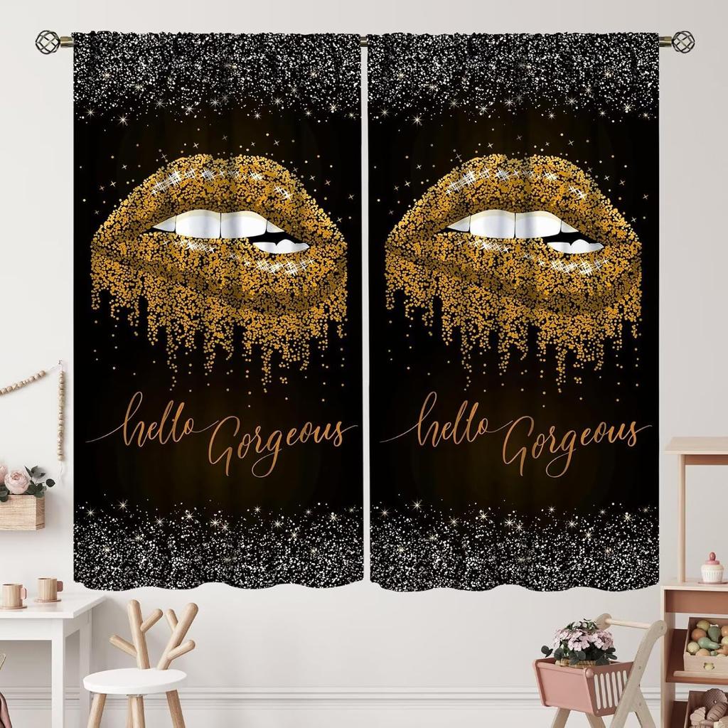 Unique 3D Printing Jewelry Falling Curtains Diamonds Black Backdrop Curtain with Rod Pocket for Bedroom Living Room Kitchen Home