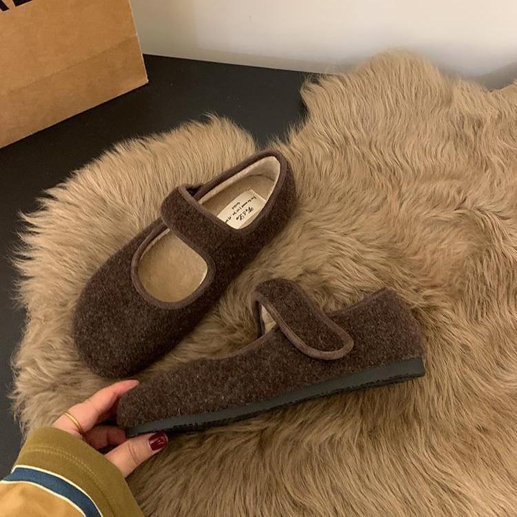 Velcro Gray Fluffy Shoes for Women's Winter Wear New Velvet Single Shoes Warm Cotton Shoes Flat Mary Jane Doudou Shoes