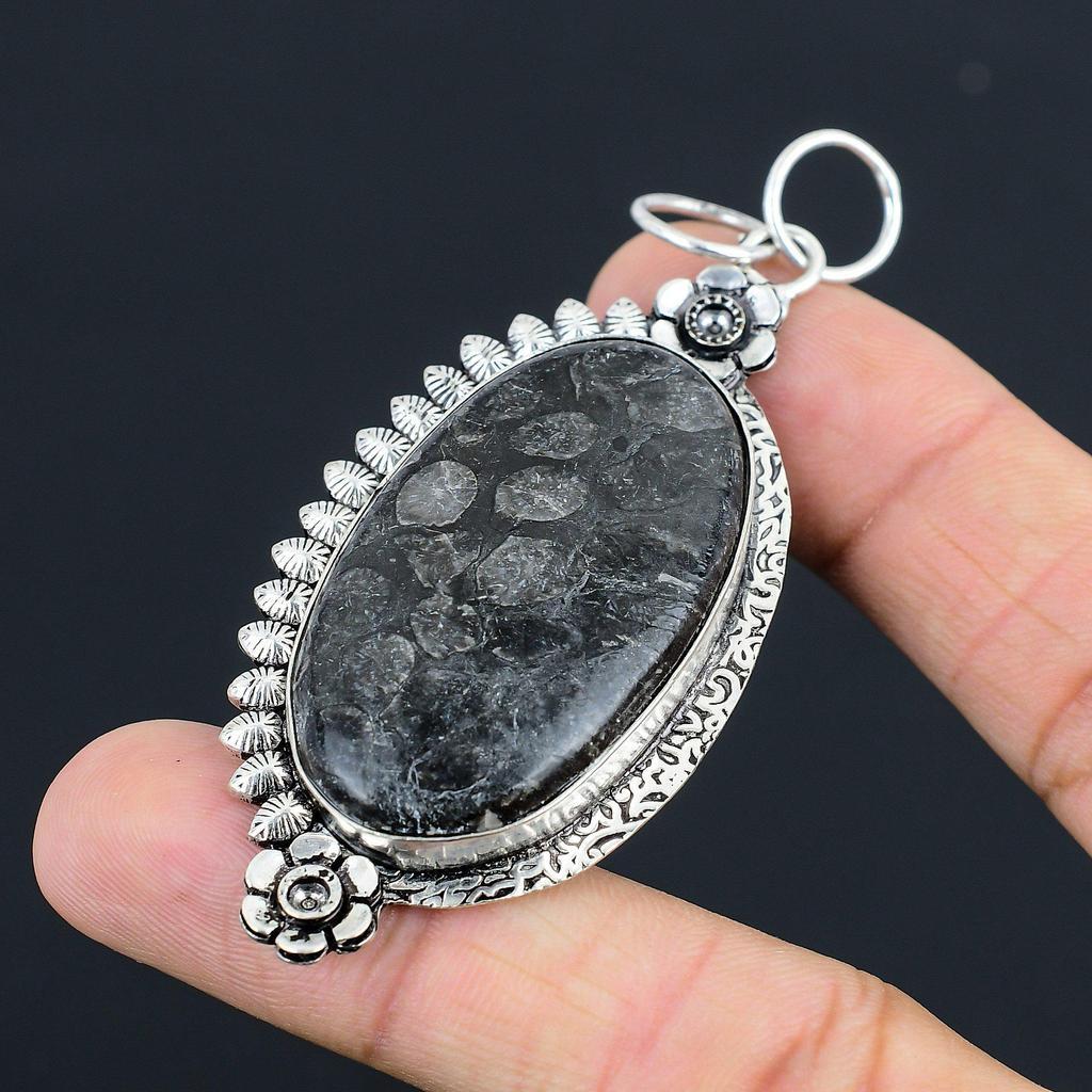 Daughters Day Sale Black Fossil Coral Gemstone 925 Silver Flower Wedding Pendant