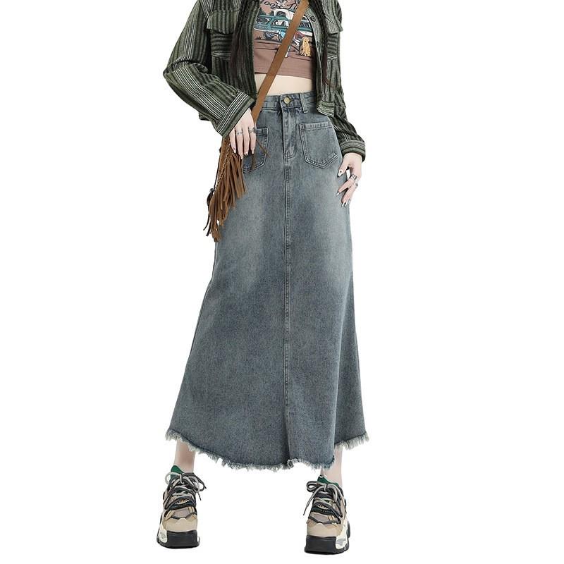 

Женская весенняя ретро джинсовая юбка миди с завышенной талией и необработанным краем Extra Large