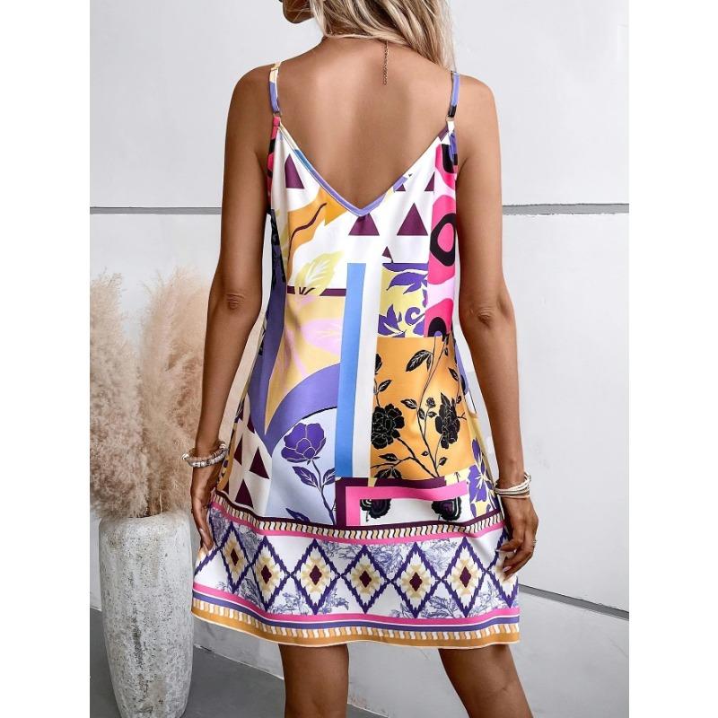 Women Sexy European American Printed V Neck Camisole Mid Length A Line Dress